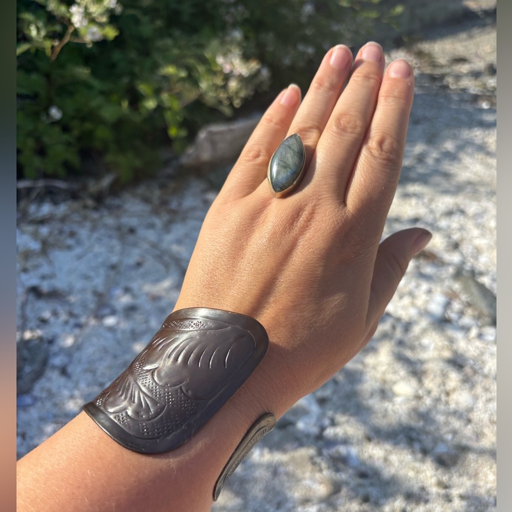 VINTAGE Large Cuff Bracelet Etched Hammered Brass Gorgeous Statement Piece